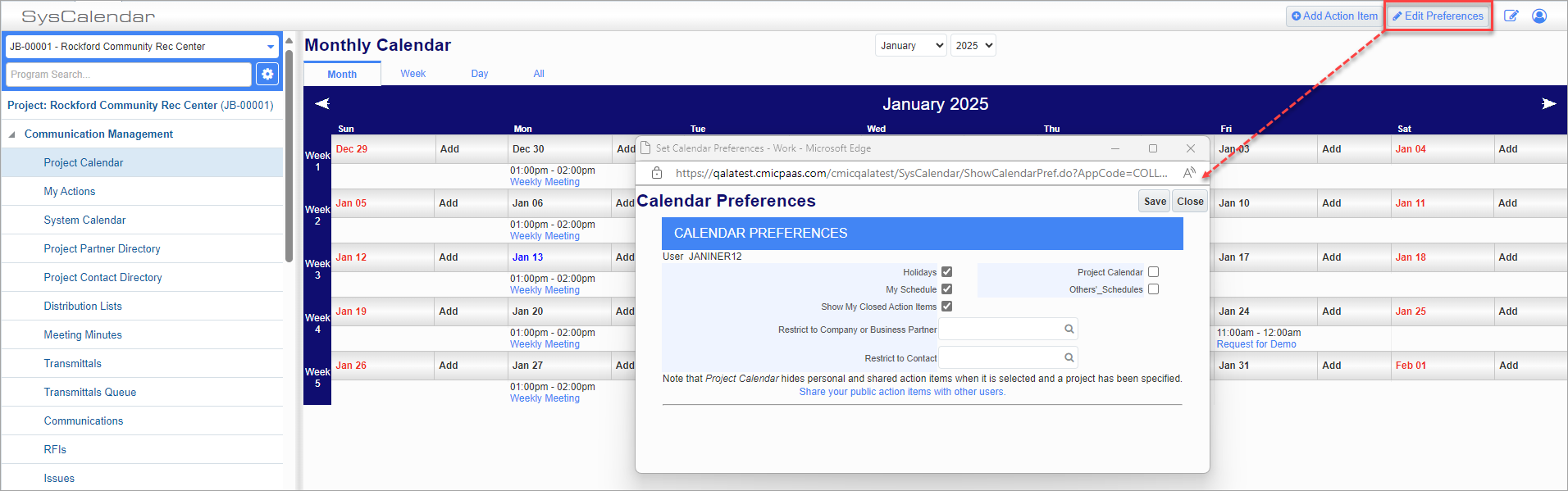 Screenshot of Calendar Preferences pop-up launched from [Edit Preferences] button.