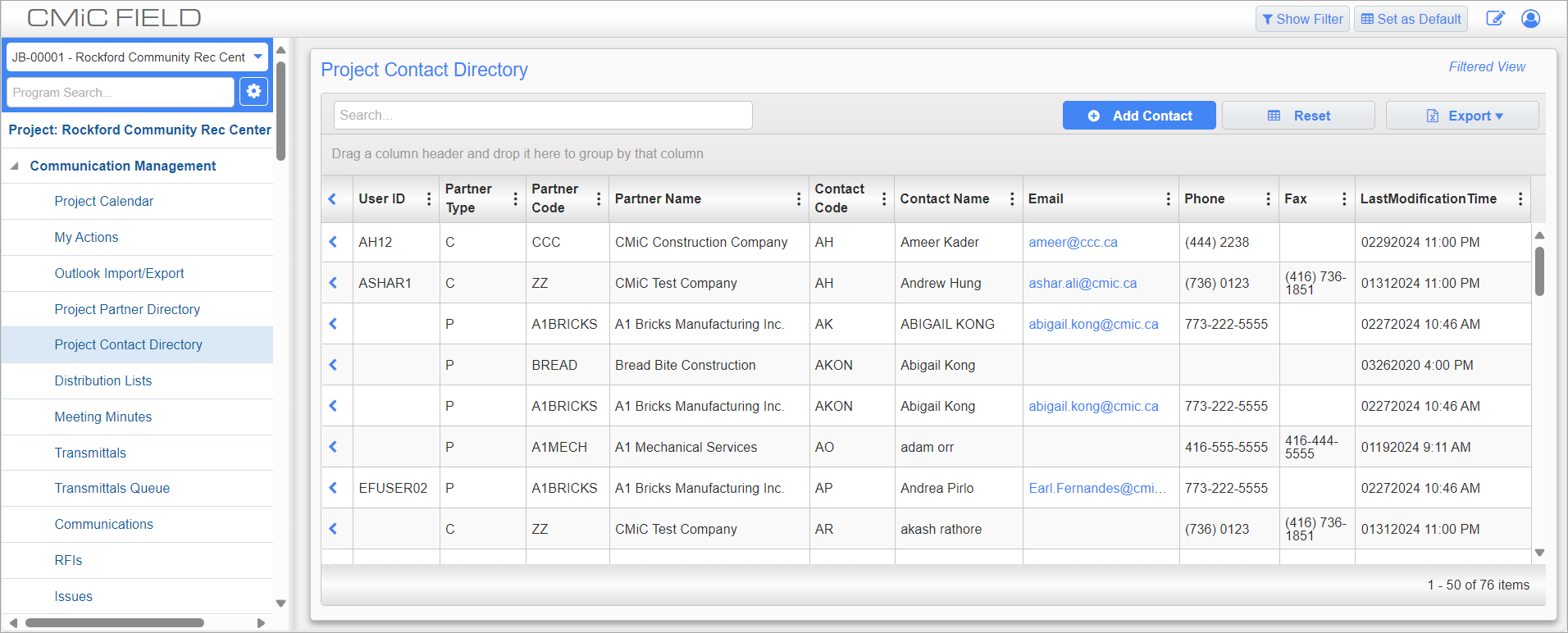 Screenshot of Project Contact Directory