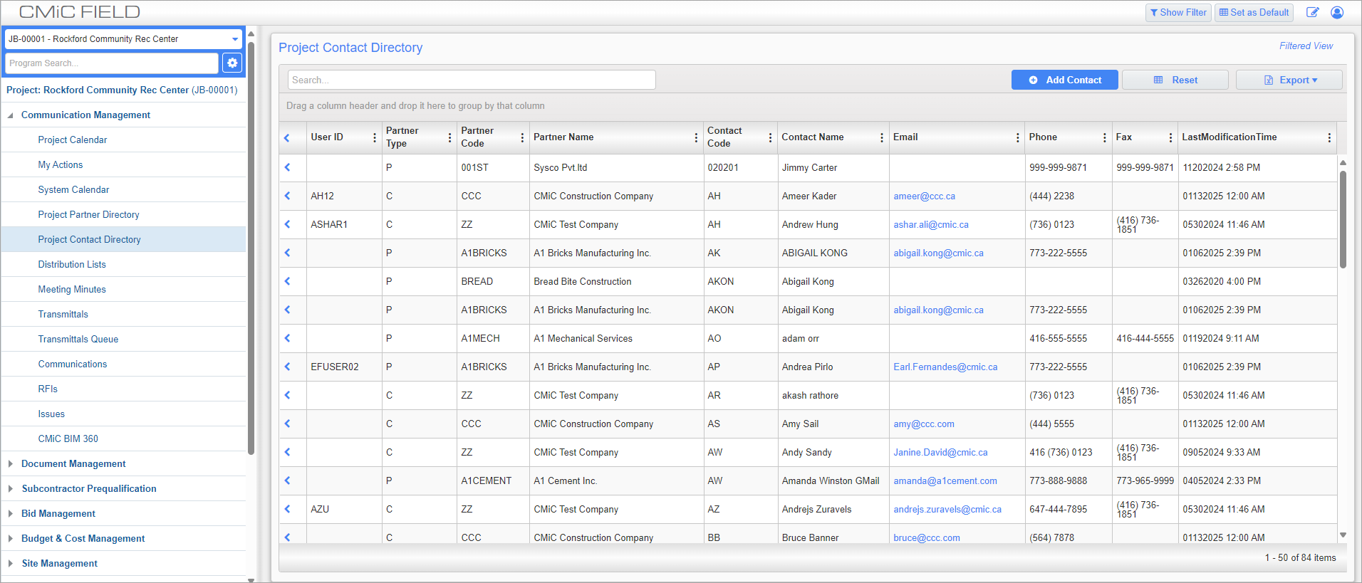 Screenshot of Project Contact Directory
