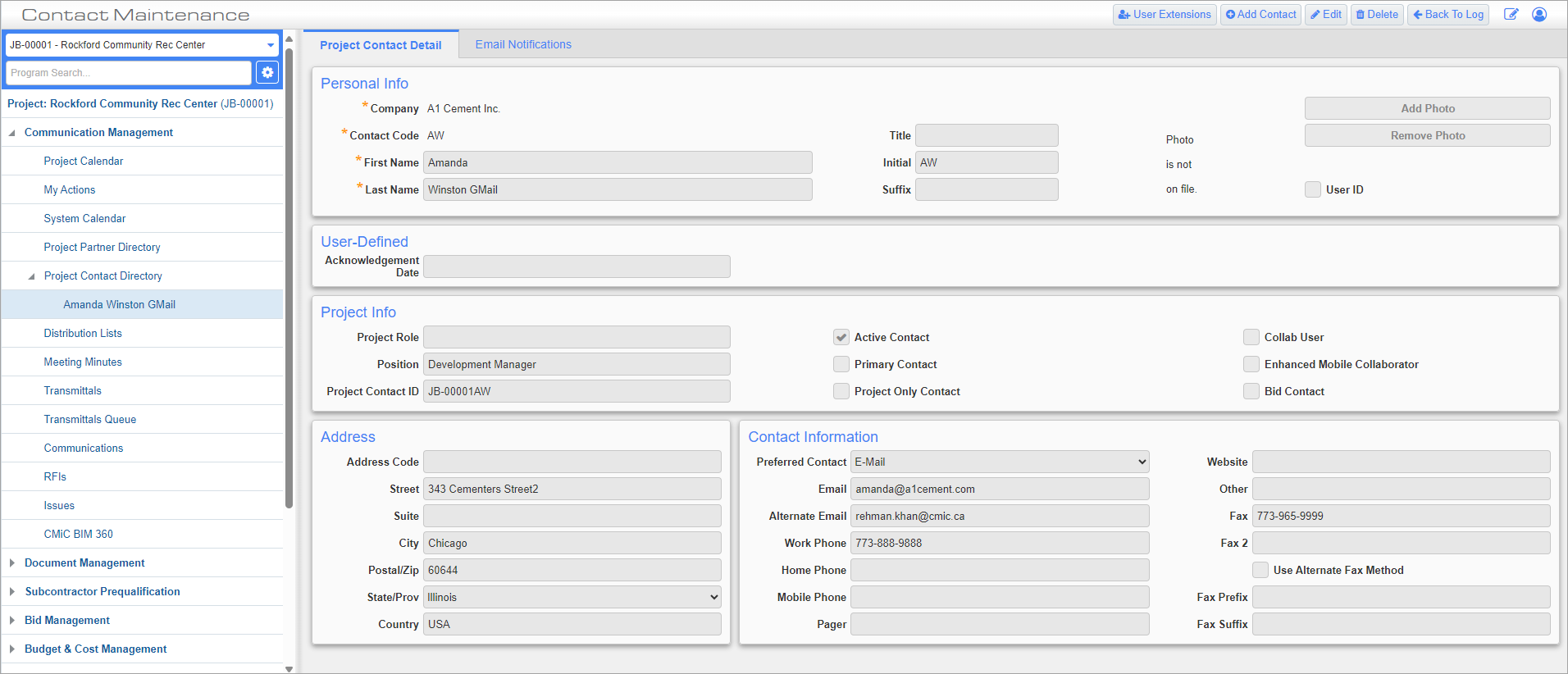 Screenshot of Project Contact Directory-Detail tab