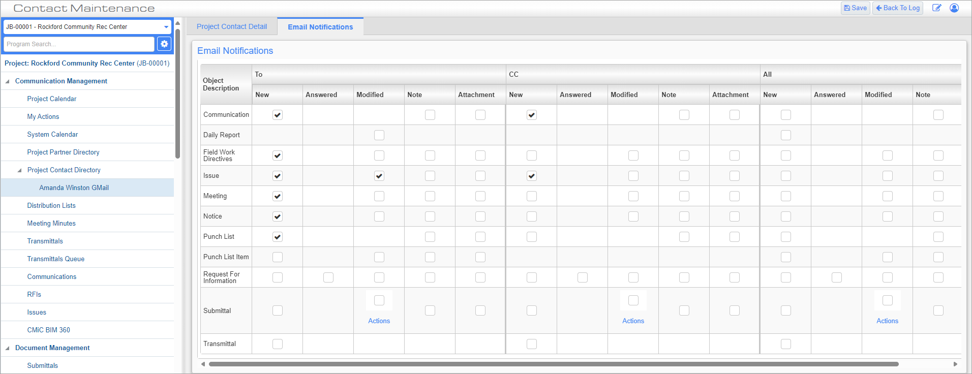 Screenshot of Project Contact Directory-Email notifications tab.
