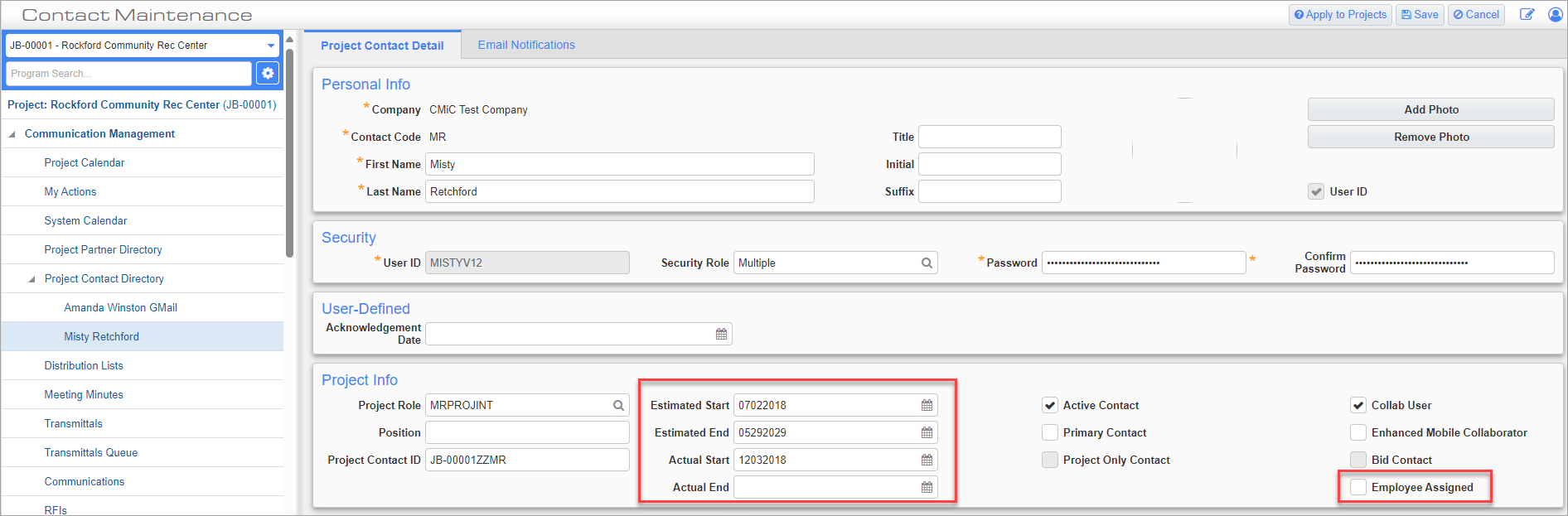 Screenshot of Project Contact Directory.