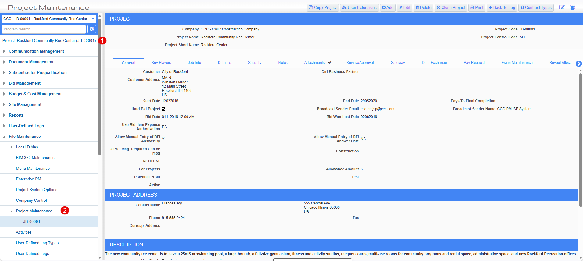 Screenshot of Project Maintenance.