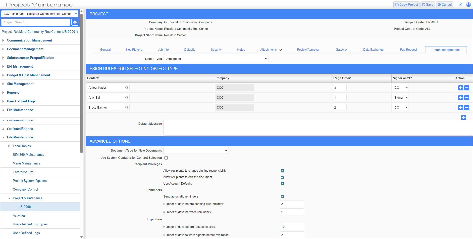 Screenshot of E-Sign Maintenance tab.