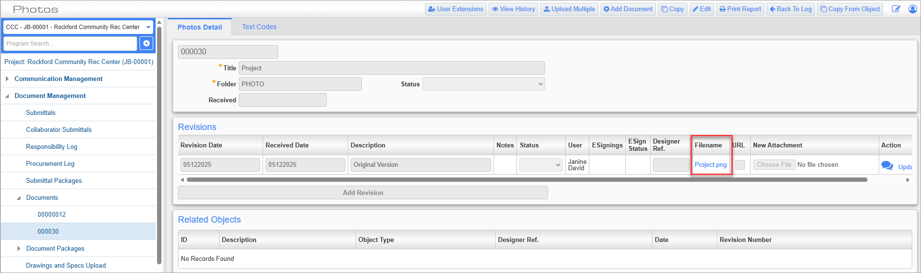 Screenshot of photo record with field highlighted.