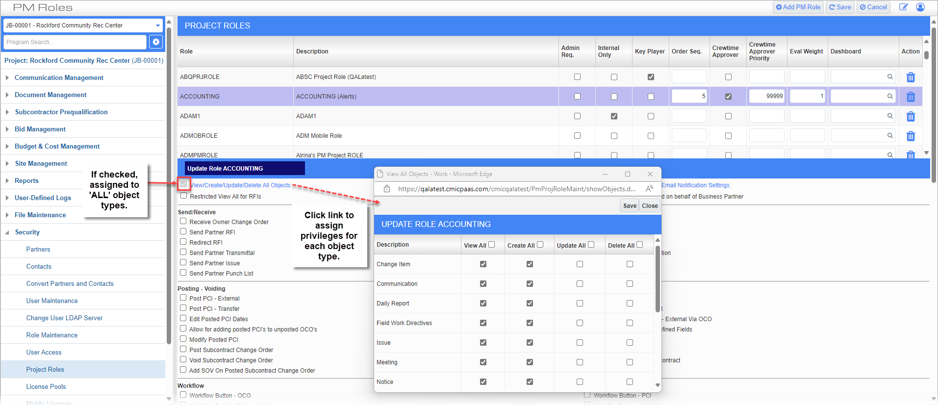 Screenshot of Project Roles with link pop-up.