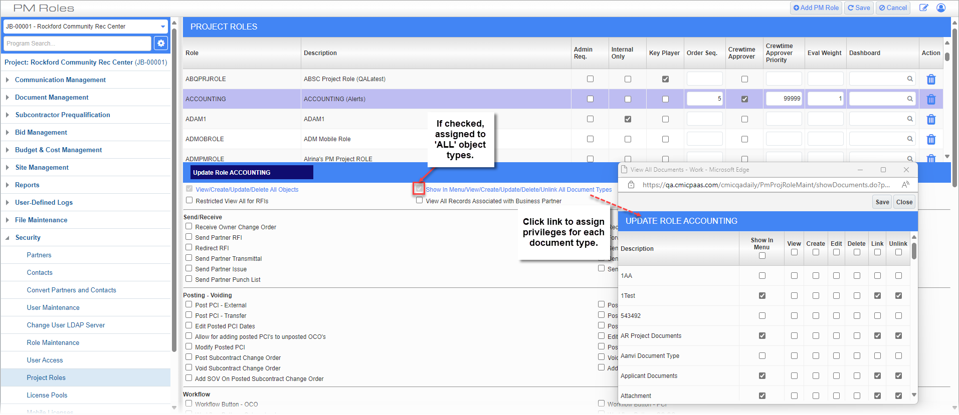 Screenshot of Project Roles with link pop-up.