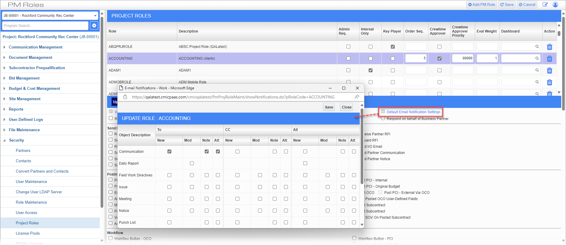 Screenshot of Project Roles with link pop-up.