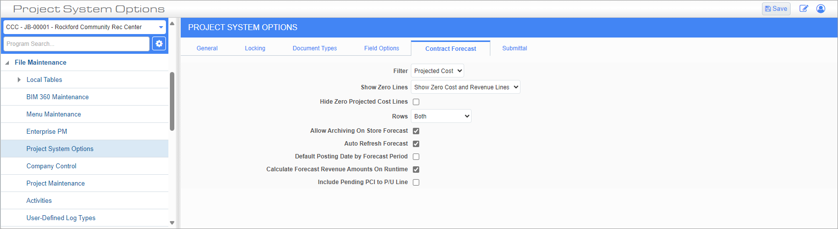 Screenshot of Contract Forecasting tab