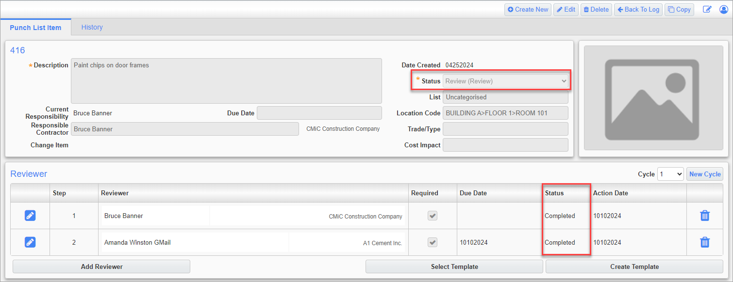 Screenshot of Punch List Item with Status fields highlighted.