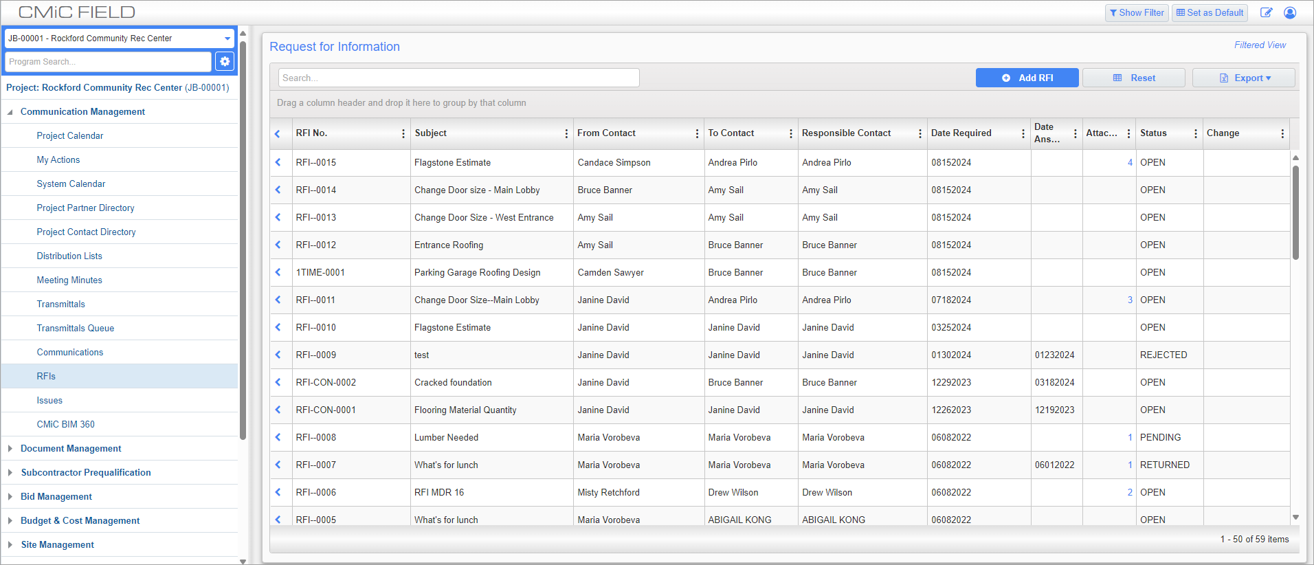 Screenshot of RFIs.