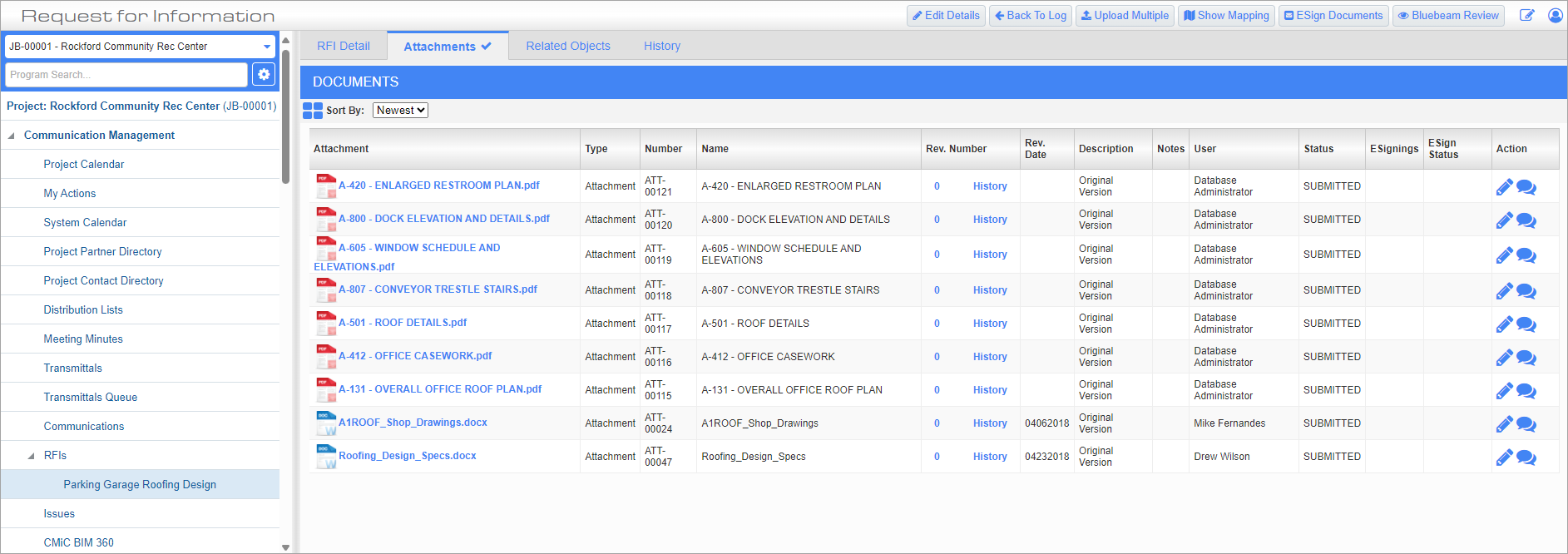 Screenshot of RFIs - Attachments tab.