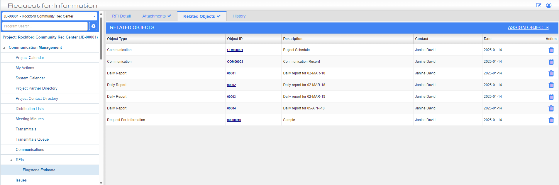 Screenshot of RFIs - Related Objects tab.