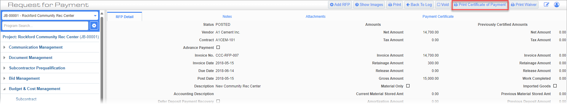 Screenshot of RFP with Print Certicate of Payment button