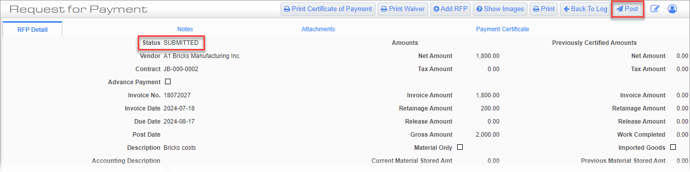 Screenshot of RFP with Post button highlighted