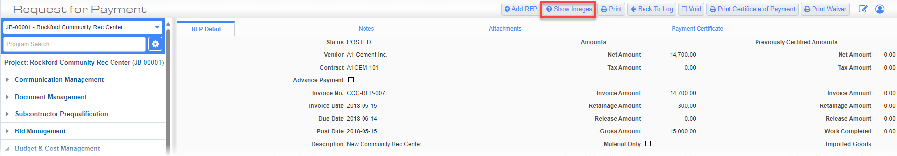 Screenshot of RFP with Show Images button highlighted