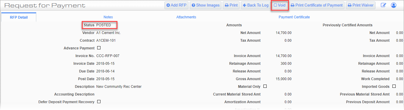 Screenshot of RFP with Void button highlighted