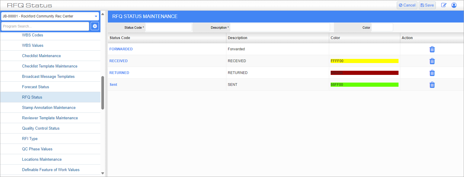 Screenshot of RFQ Status.
