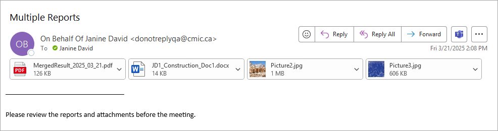 Image of sample email with report PDF and attachments.