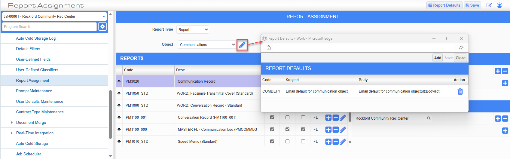 Screenshot of Report Defaults pop-up launched from Edit icon.