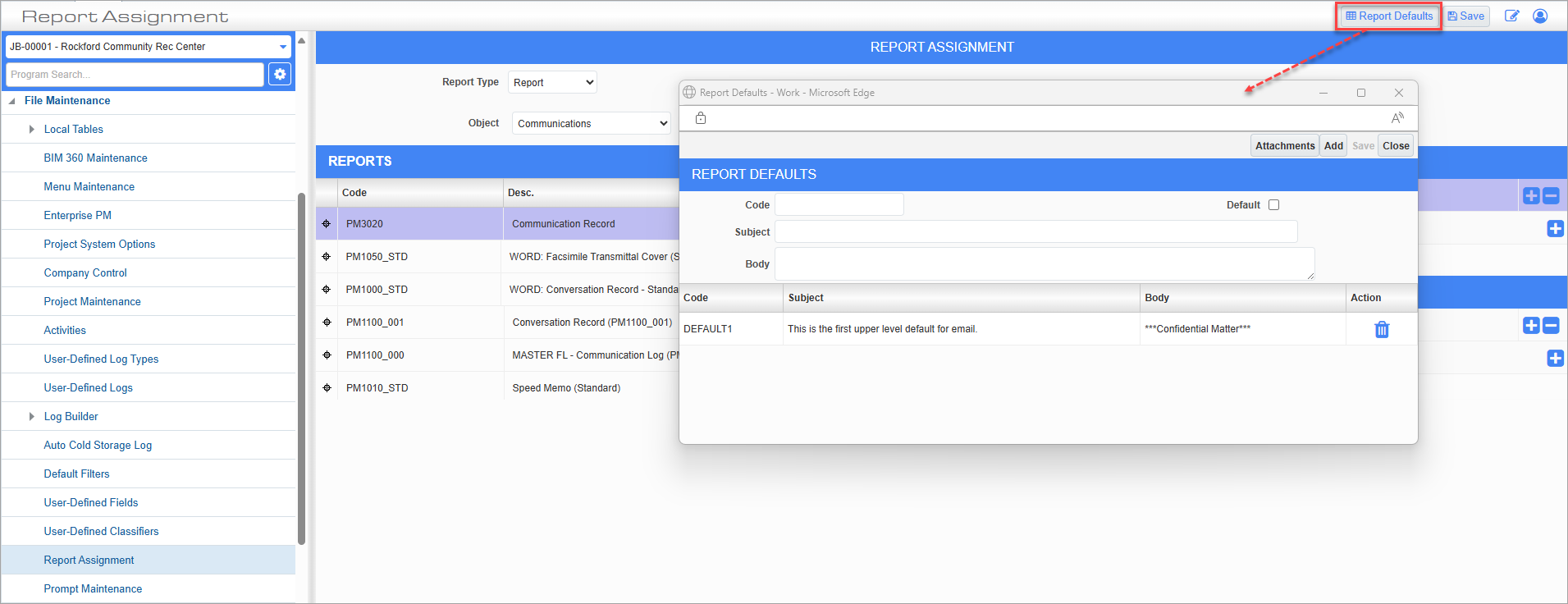 Screenshot of Report Defaults pop-up launched from [Report Defaults] button.