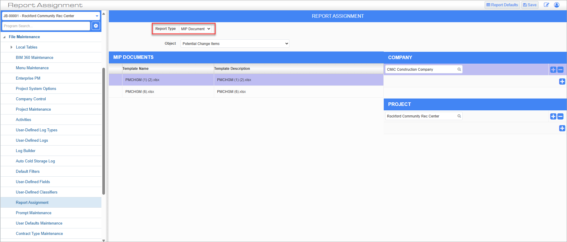Screenshot of Report Assignment with MIP Document type selected.