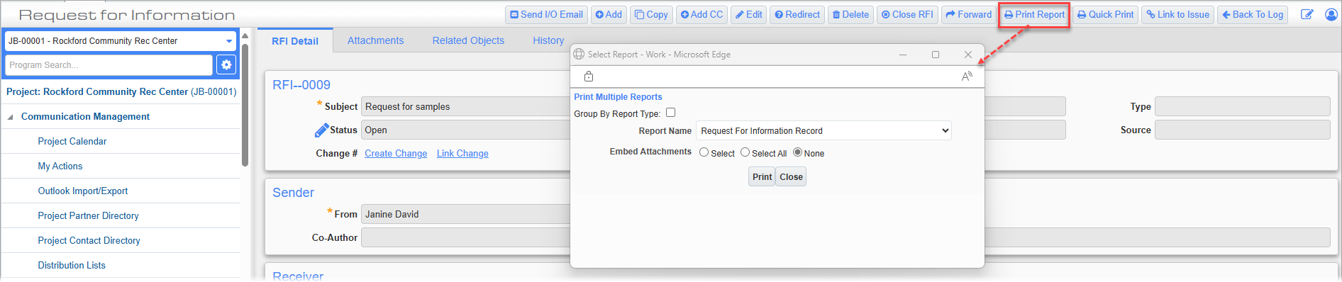 Screenshot of Select Report pop-up launched from [Print Report] button.