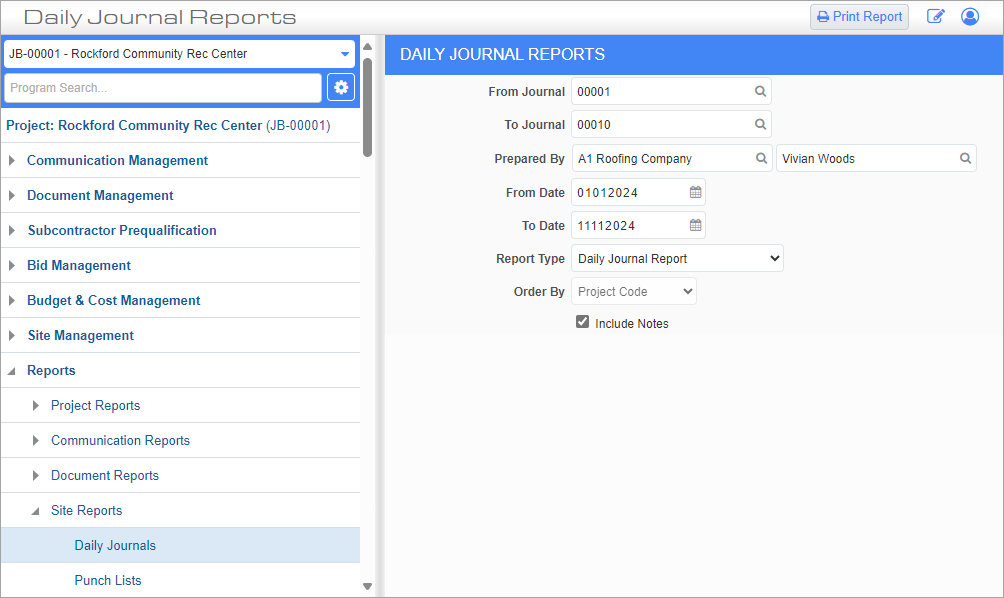 Screenshot of Daily Journal Reports.
