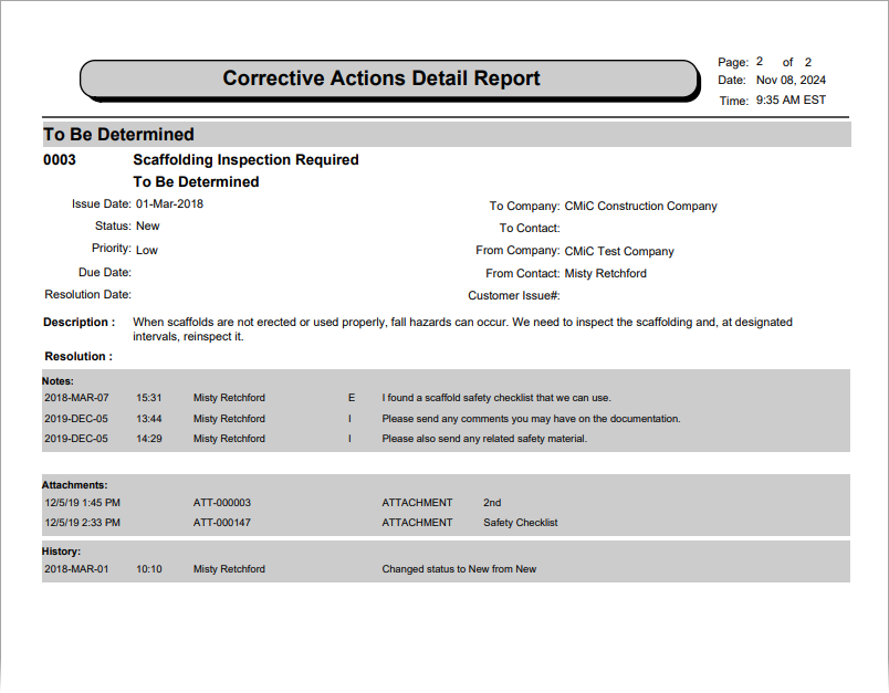 Sample Corrective Actions Details Report.