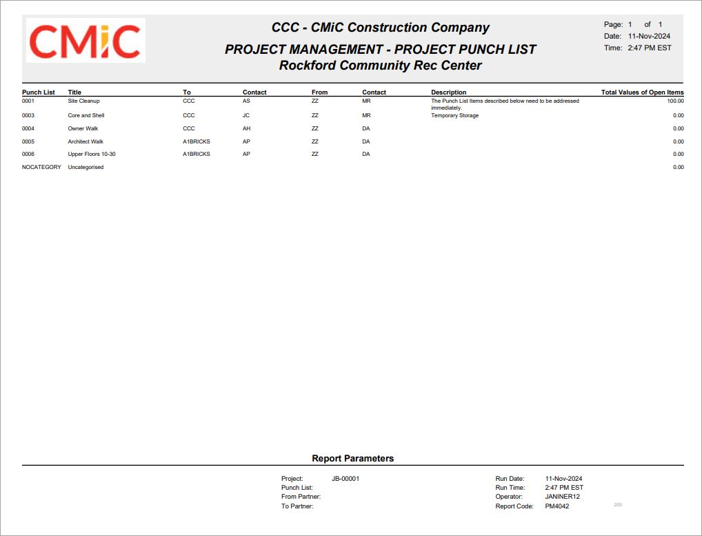 Punch List Reports