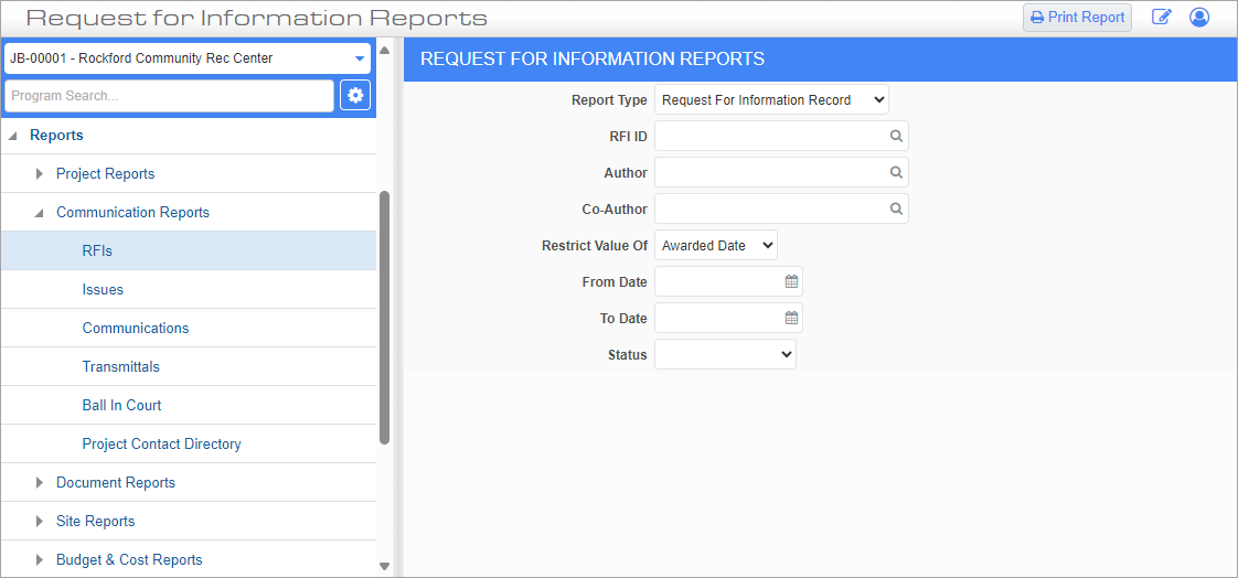 Screenshot of Request for Information Reports