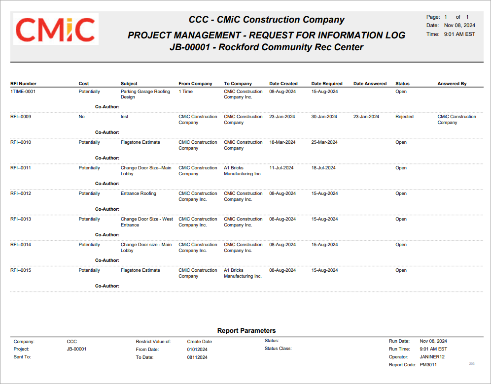 Sample of Request For Information Log (PM3011)