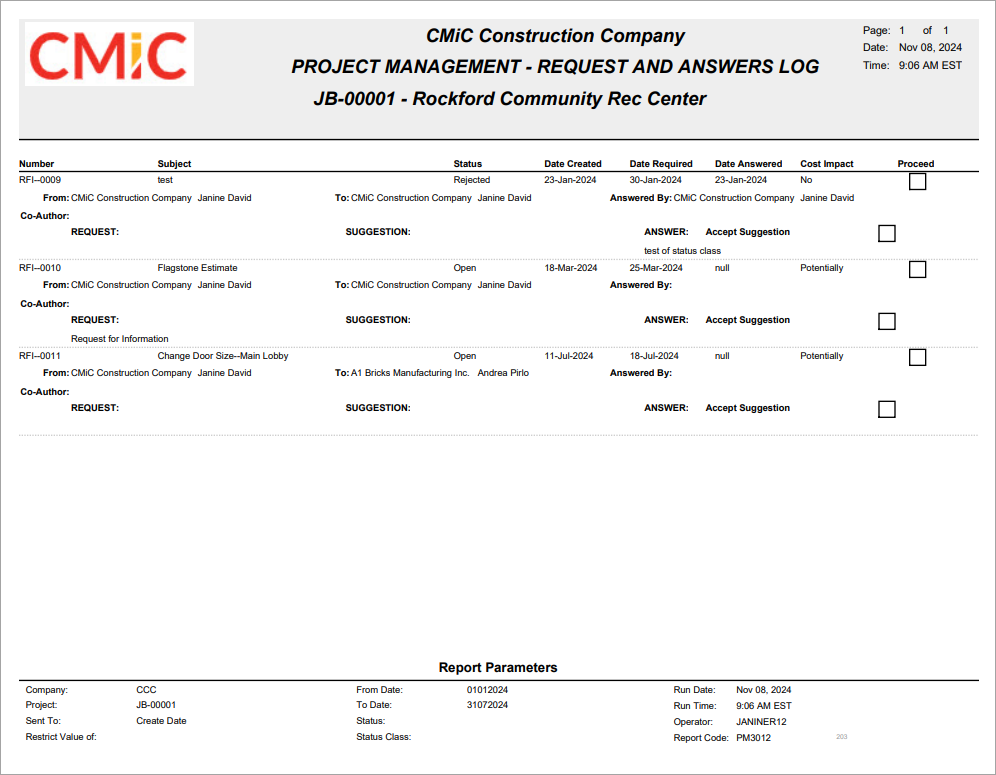Sample of Request and Answer Log (PM3012)