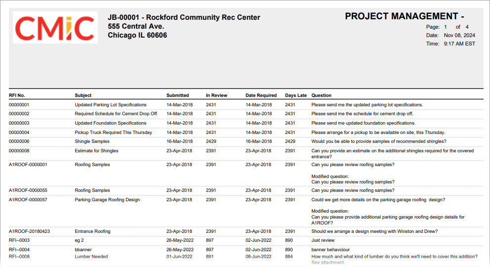 Sample of Outstanding RFI Summary Log (PM3013)