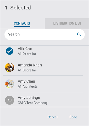 Screenshot of Documents Contacts pop-up