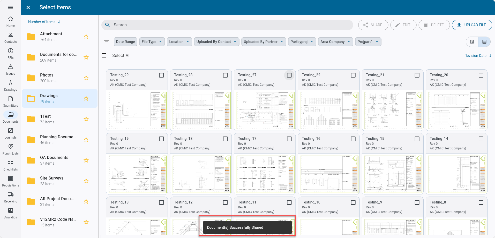 Screenshot of Documents with successful share message