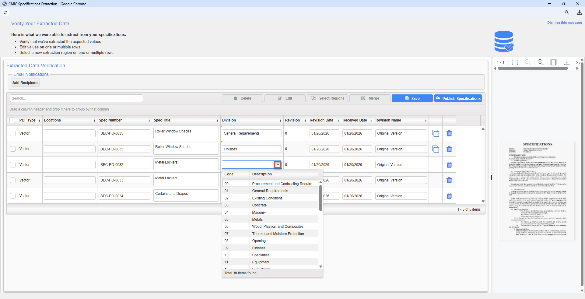 Screenshot of Specification Extraction verification.