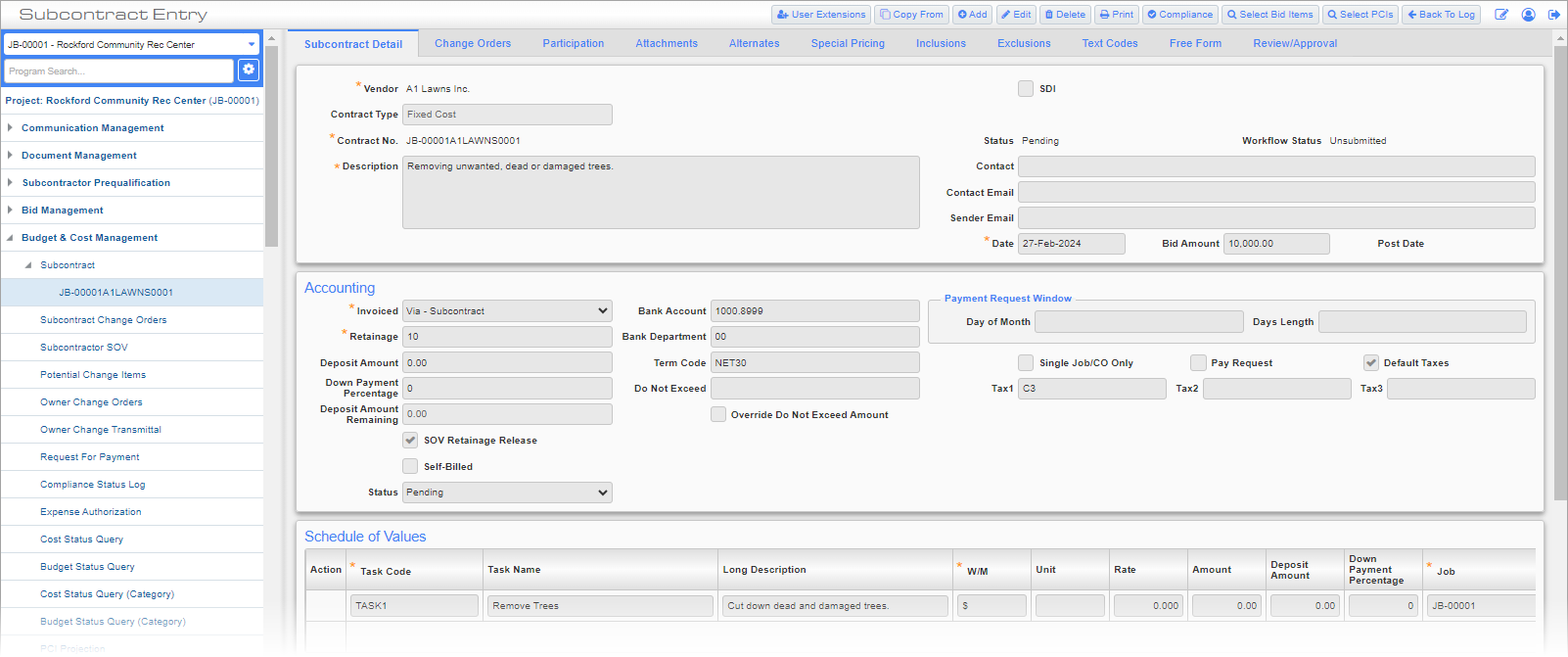 Screenshot of Subcontract screen with Subcontract Detail tab enabled.