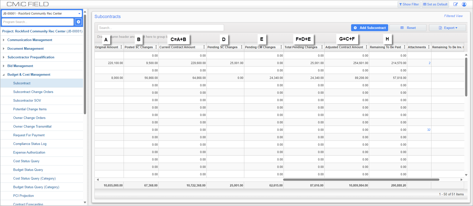 Screenshot of Subcontract Log with calculation details