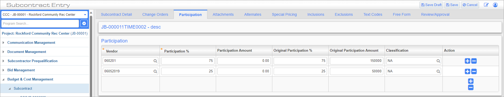 Screenshot of Subcontract Participation Tab