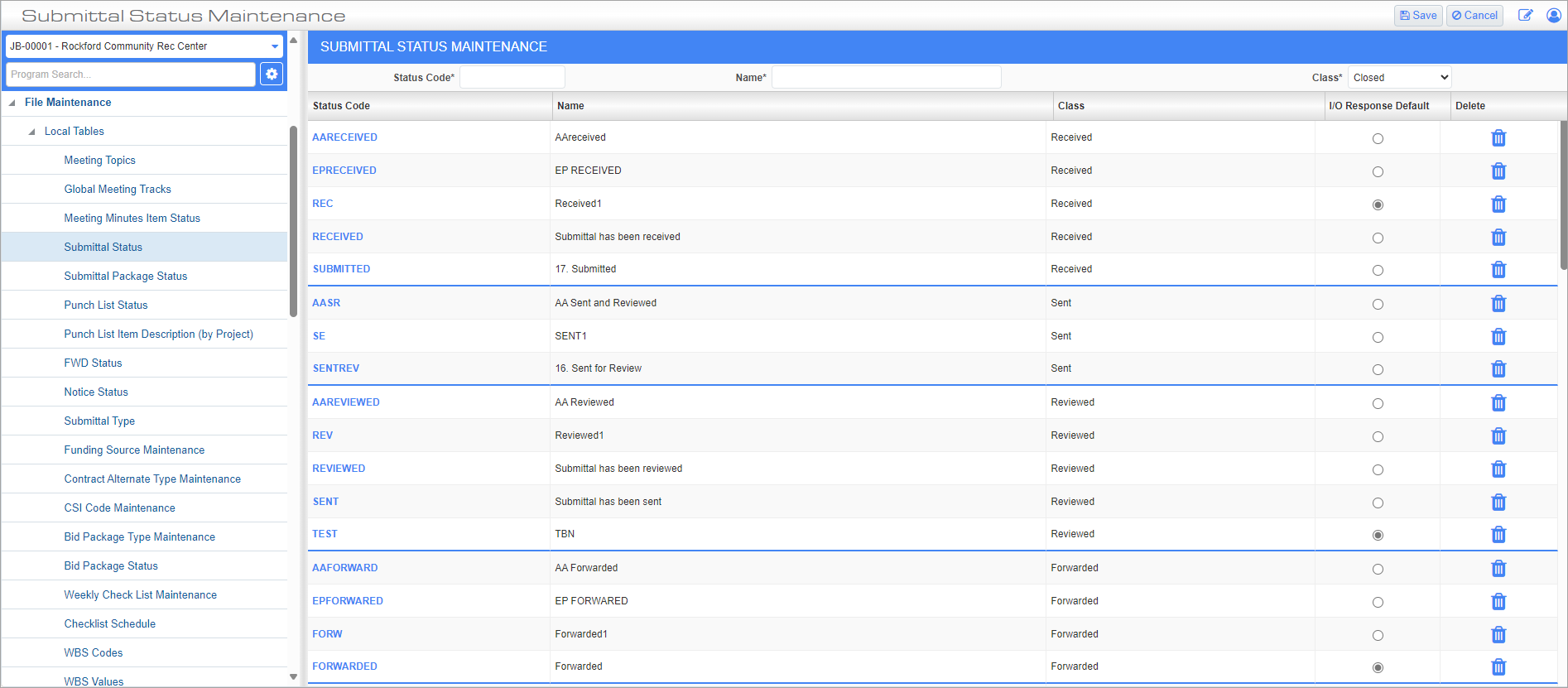 Screenshot of Submittal Status Maintenance.