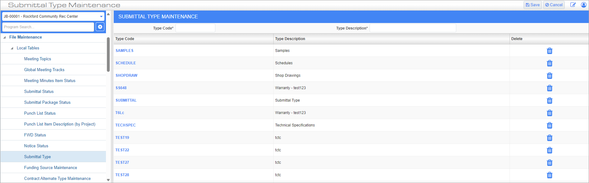Screenshot of Submittal Type Maintenance.