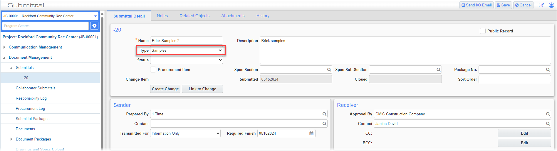 Screenshot of Submittals with Type field highlighted.