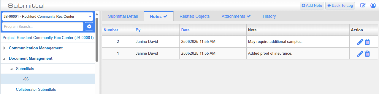 Screenshot of Submittal Notes tab.