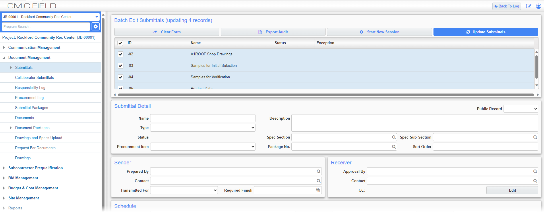 Screenshot of Submittal Batch Edit screen