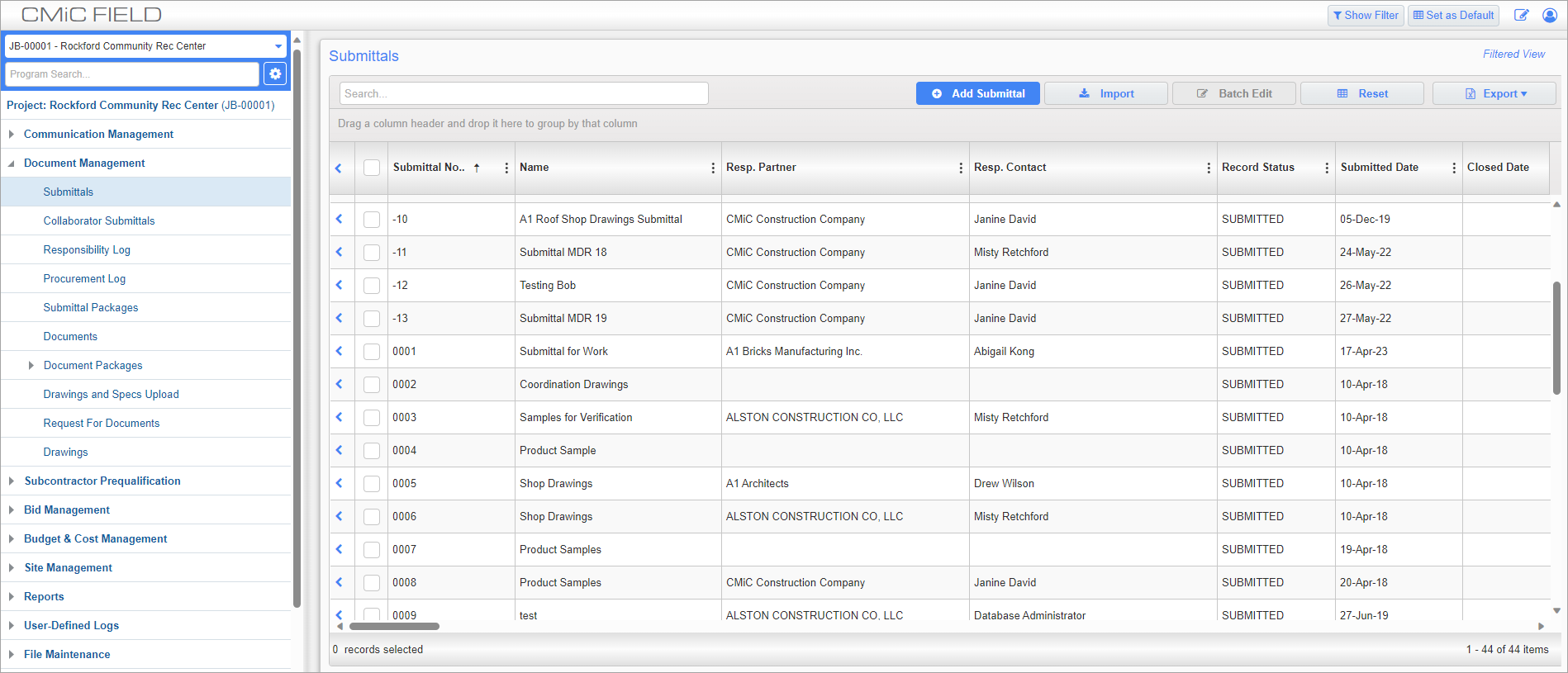 Screenshot of Submittals Log