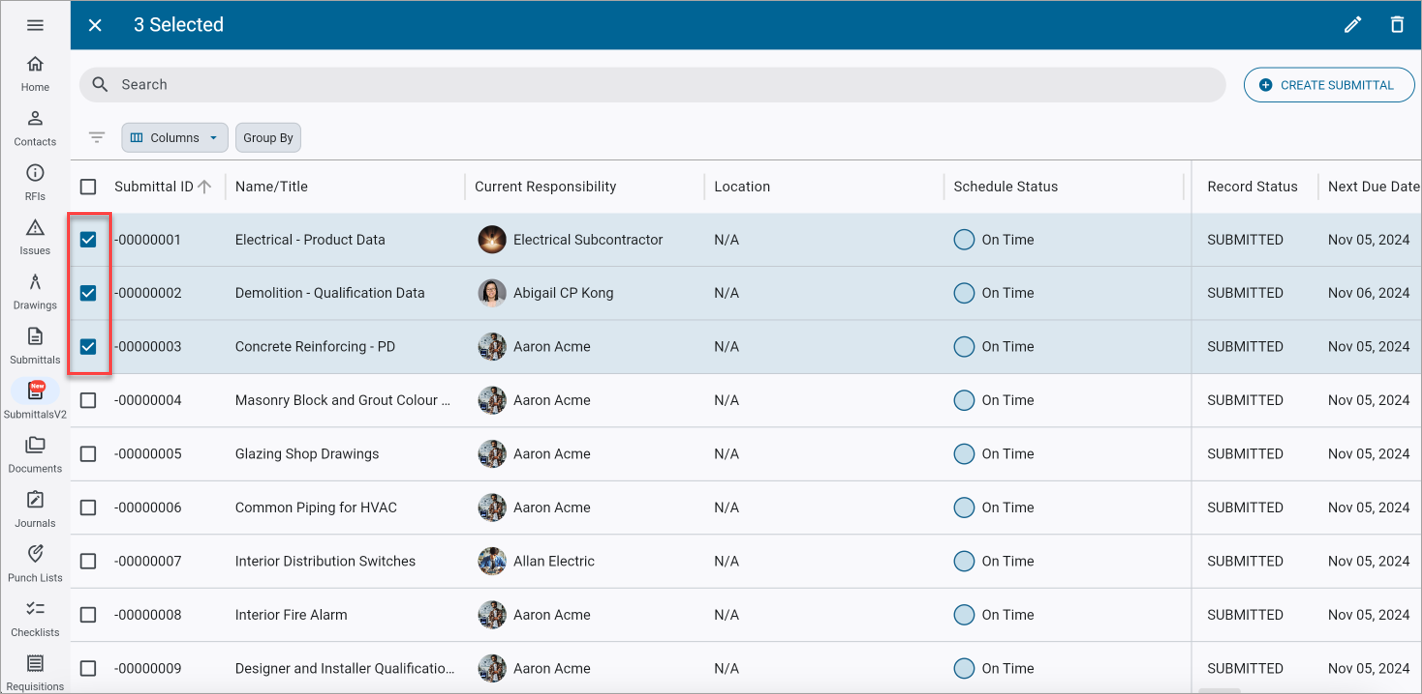Screenshot of Submittals V2 in Batch Edit mode.