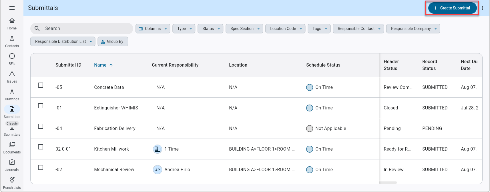 Screenshot of Submittals.