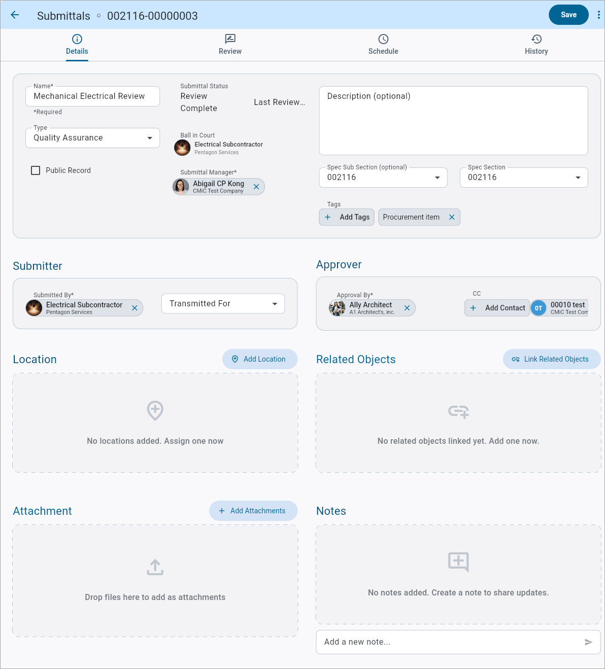 Screenshot of Submittals V2 Details tab.