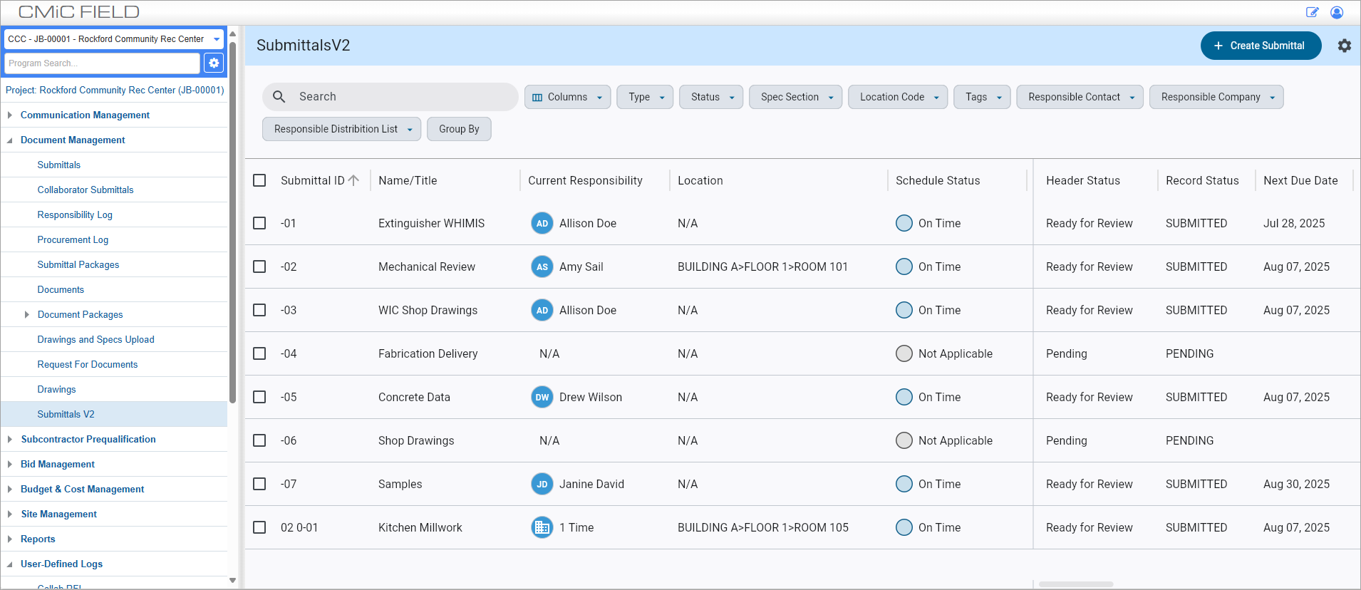 Screenshot of Submittals V2 Log.